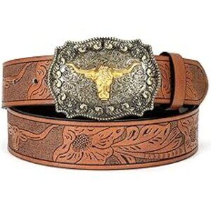 Women Men Western Belts Cowboy Cowgirl Country Belt Longhorn Bull Buckle